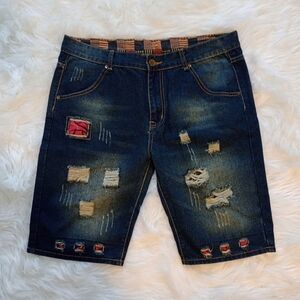 Men's Fashionable Vintage Jean Shorts Ripped Fabric Print